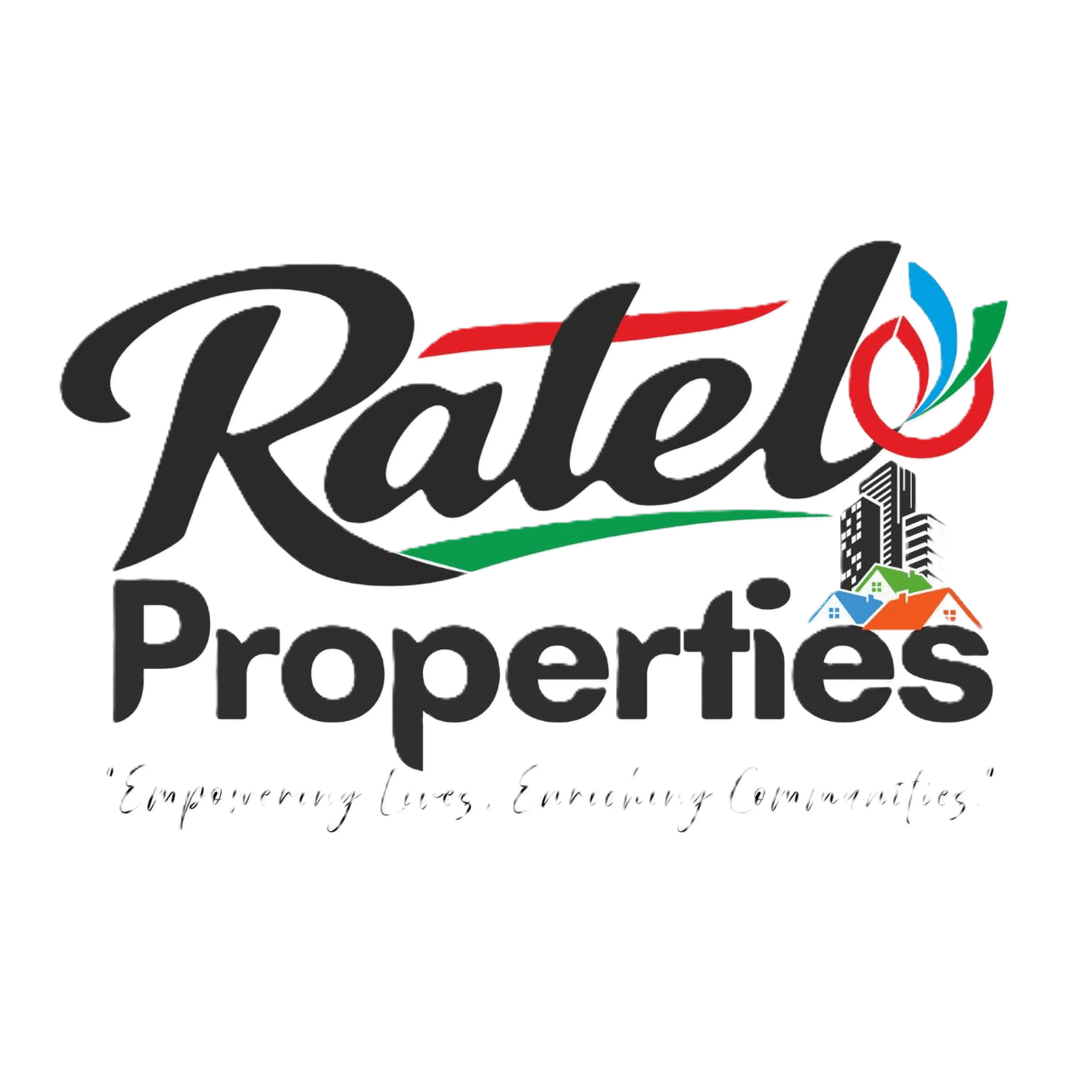 Ratel Properties script wordmark with colourful property imagery