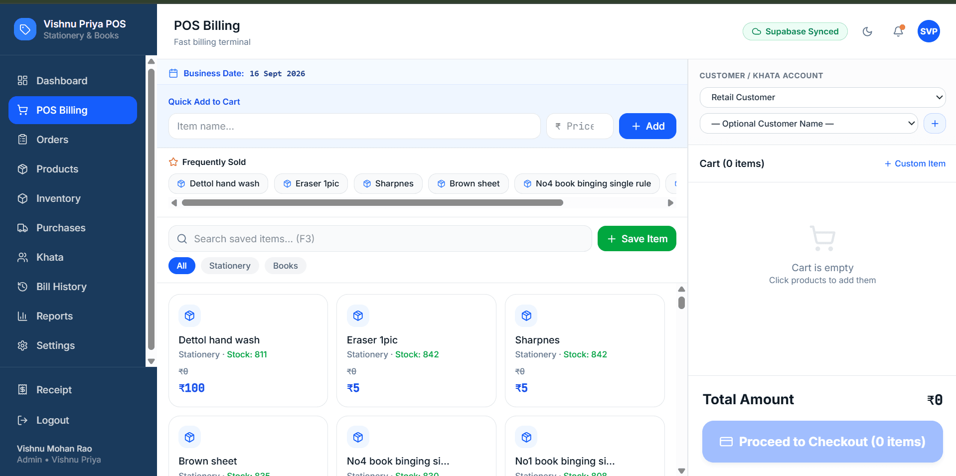 Vishnu Priya POS billing interface with products and checkout cart